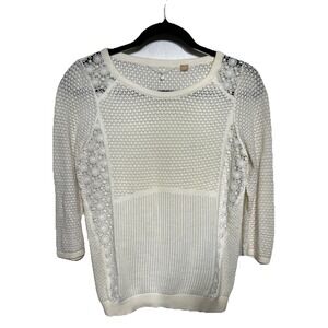 Anthropologie Knitted and Knotted Lace 3/4 Sleeve Summer Sweater Ivory Sz XS EUC